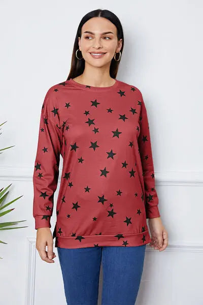 Star Print Round Neck Dropped Shoulder Sweatshirt BLUE ZONE PLANET