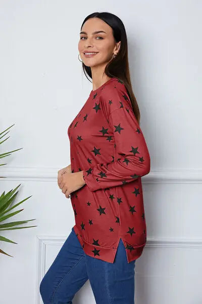 Star Print Round Neck Dropped Shoulder Sweatshirt BLUE ZONE PLANET