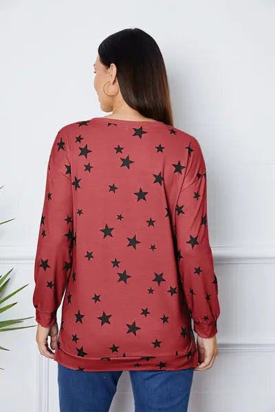 Star Print Round Neck Dropped Shoulder Sweatshirt BLUE ZONE PLANET