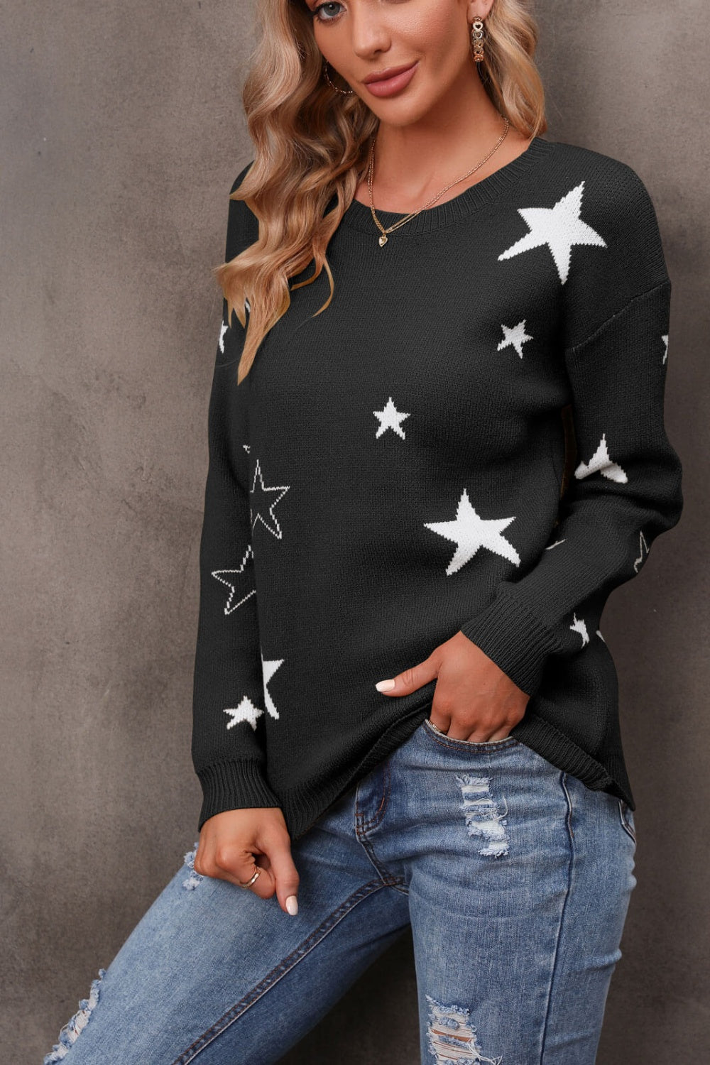 Star Round Neck Sweater-TOPS / DRESSES-[Adult]-[Female]-Black-S-2022 Online Blue Zone Planet