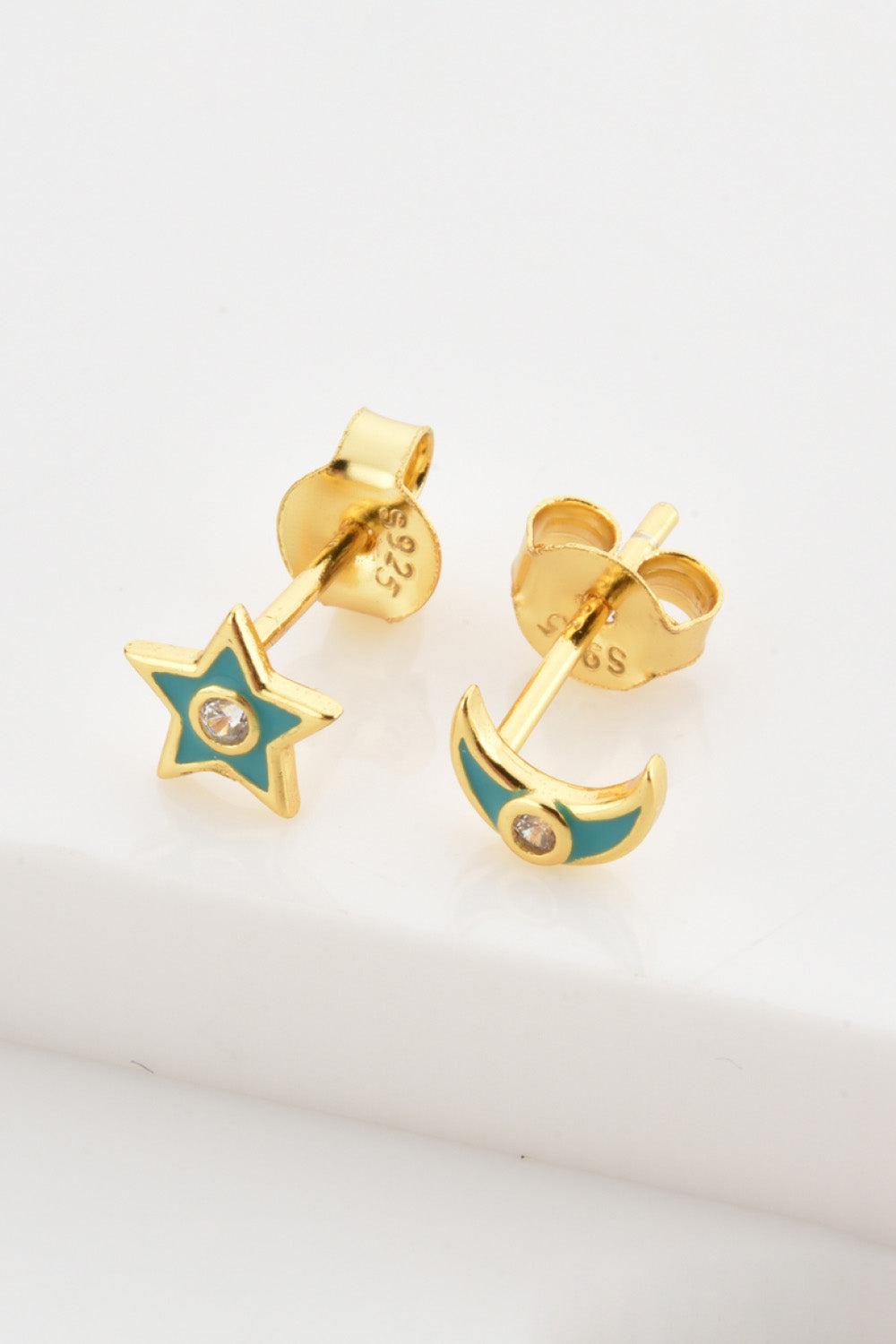 Star and Moon Zircon Mismatched Earrings BLUE ZONE PLANET