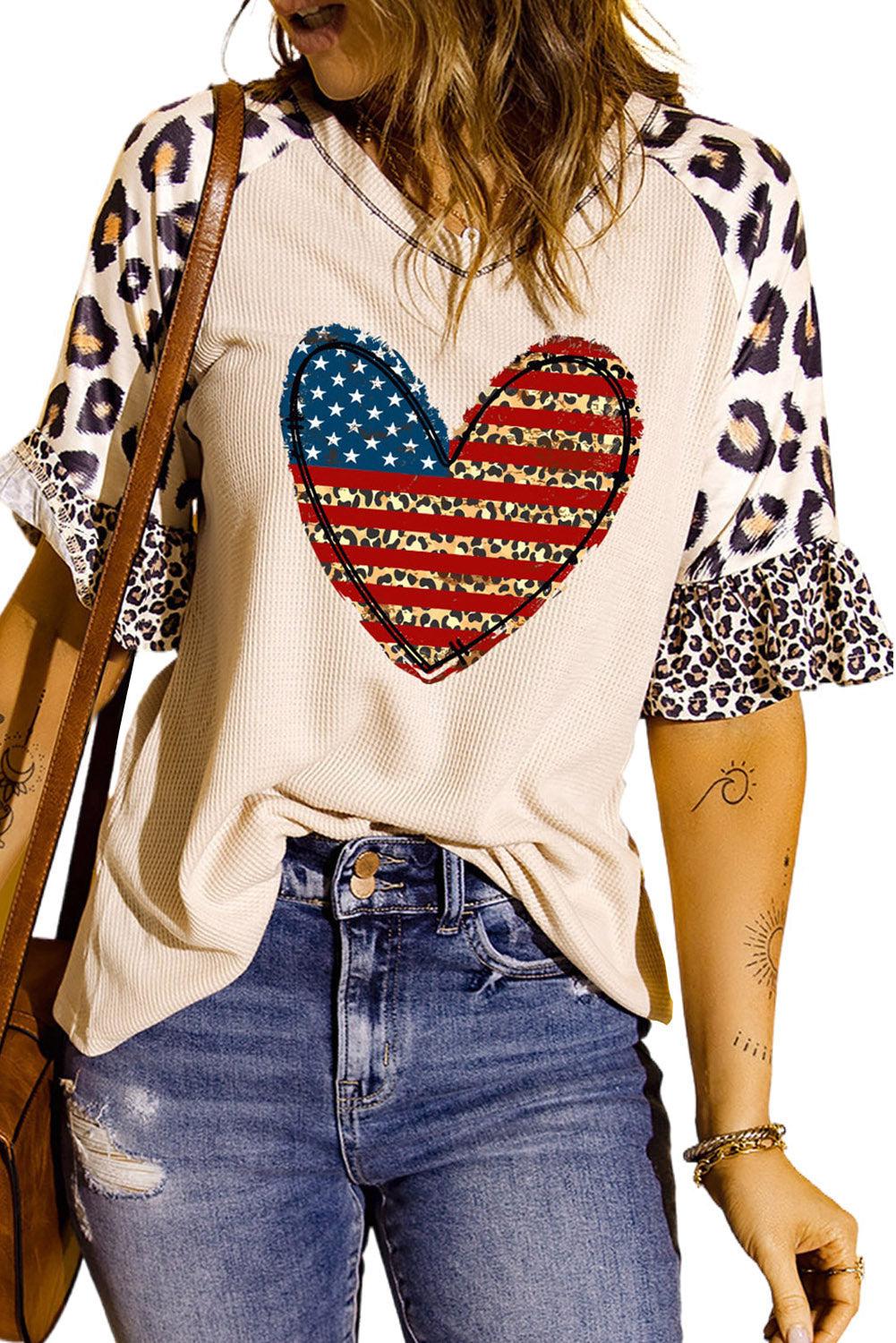 Star and Stripe Heart Graphic Leopard Top BLUE ZONE PLANET