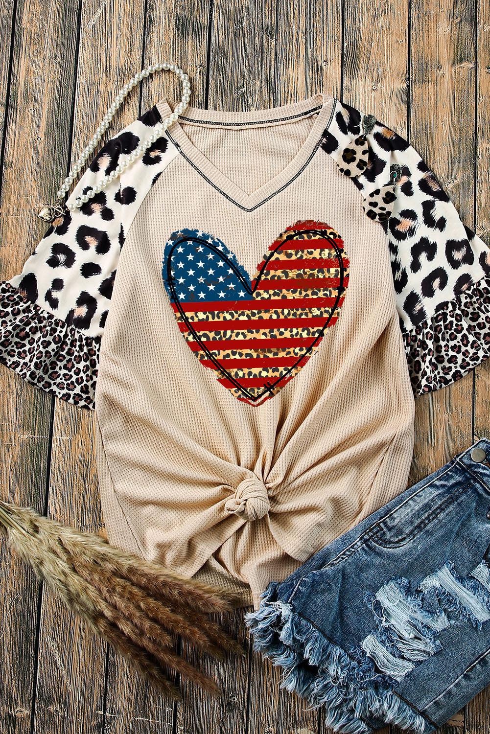 Star and Stripe Heart Graphic Leopard Top BLUE ZONE PLANET