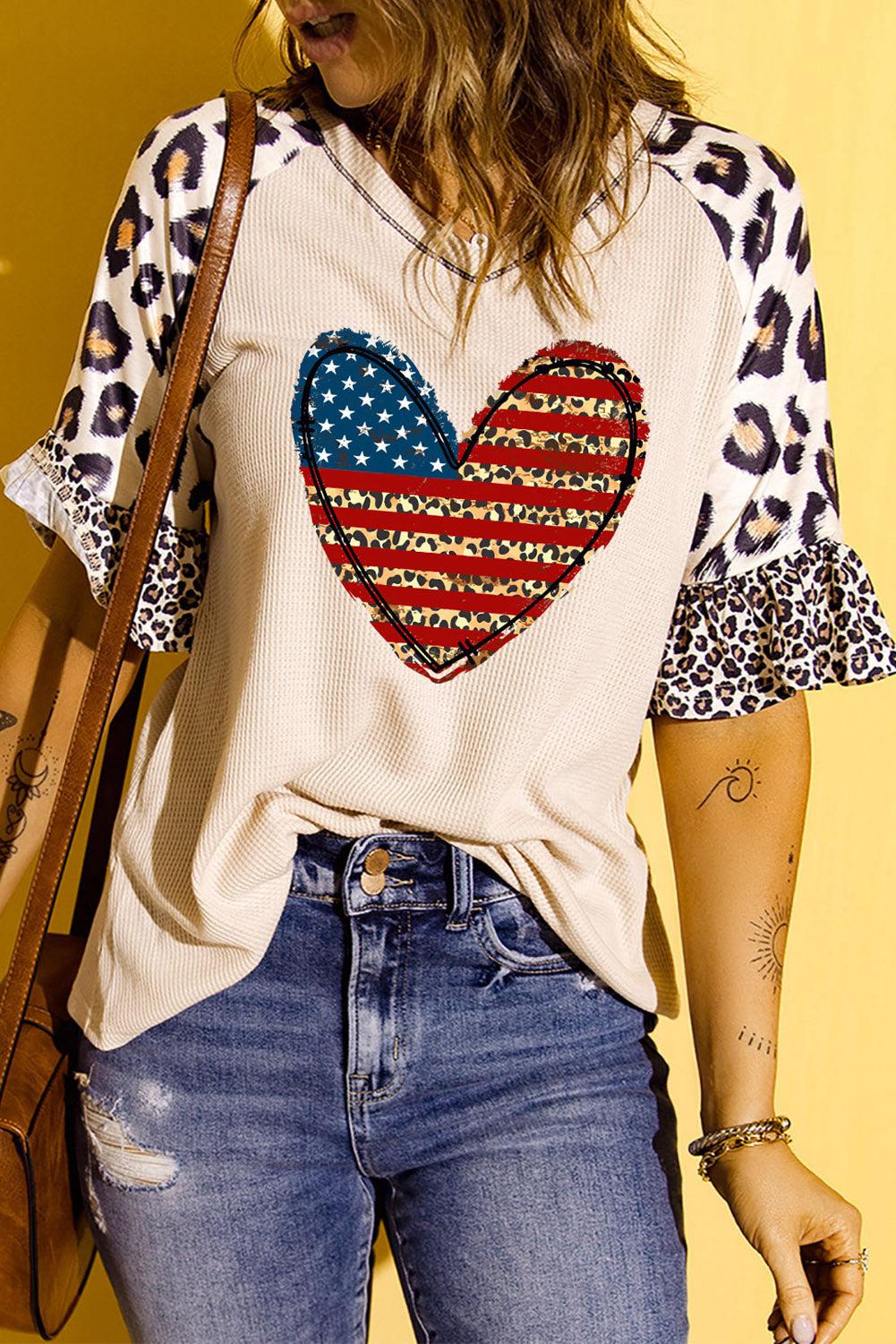 Star and Stripe Heart Graphic Leopard Top BLUE ZONE PLANET