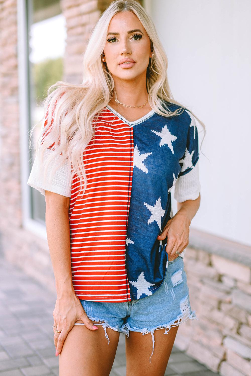 Star and Stripe V-Neck Top BLUE ZONE PLANET