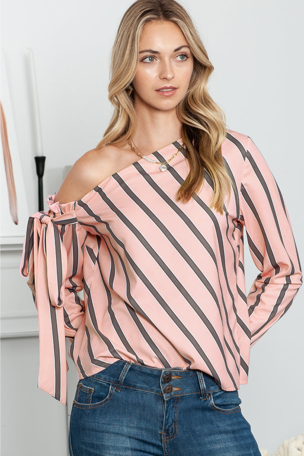 Striped Asymmetrical Long Sleeve Blouse BLUE ZONE PLANET