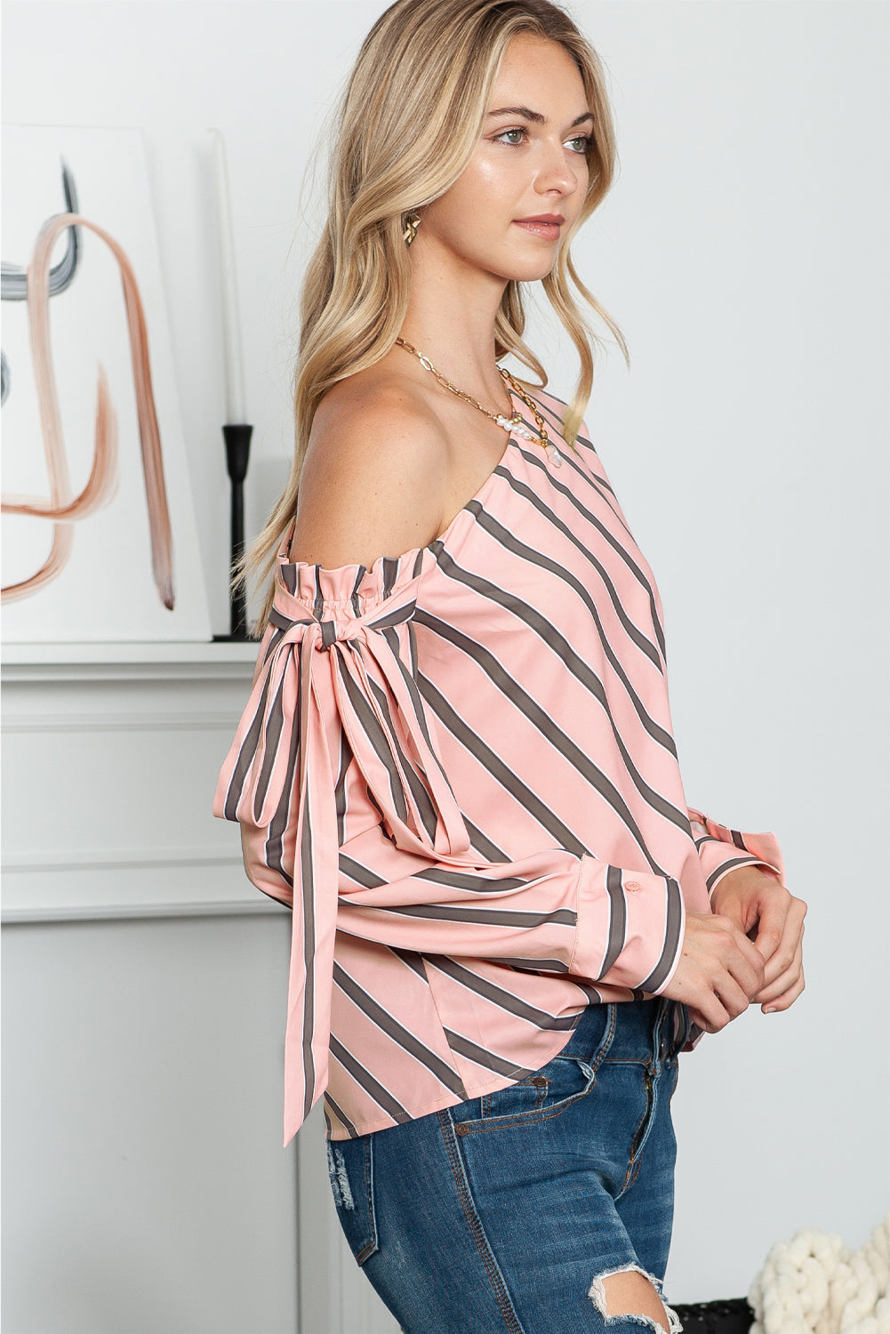 Striped Asymmetrical Long Sleeve Blouse BLUE ZONE PLANET