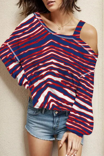 Striped Asymmetrical Neck Long Sleeve T-Shirt BLUE ZONE PLANET