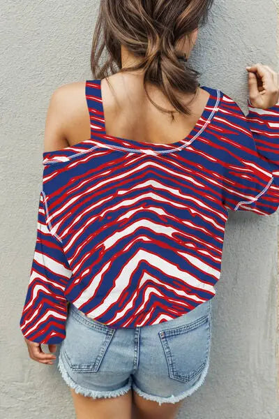 Striped Asymmetrical Neck Long Sleeve T-Shirt BLUE ZONE PLANET