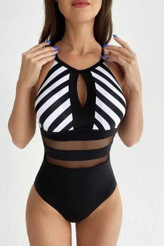 Striped Backless One-Piece Swimsuit BLUE ZONE PLANET