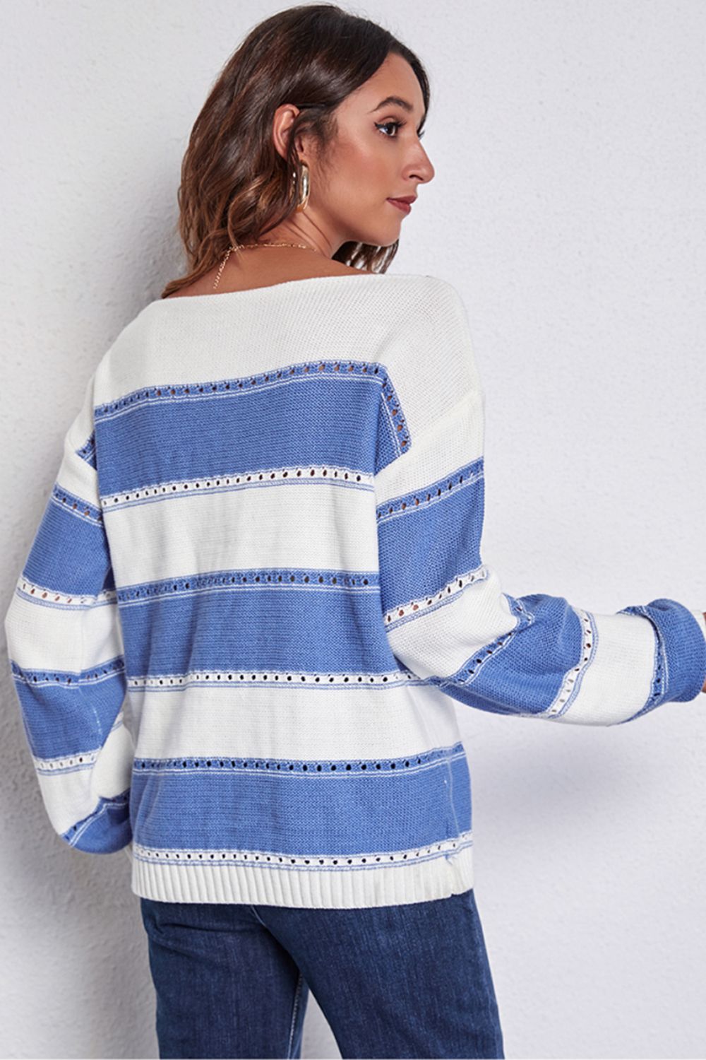 Striped Boat Neck Dropped Shoulder Sweater BLUE ZONE PLANET