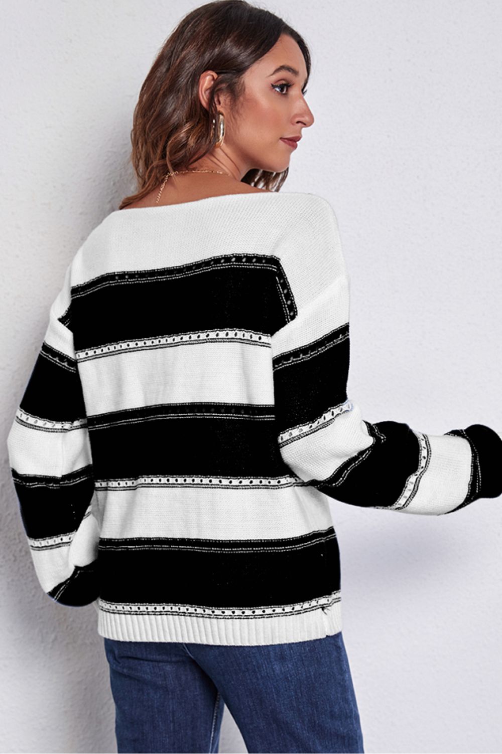 Striped Boat Neck Dropped Shoulder Sweater BLUE ZONE PLANET