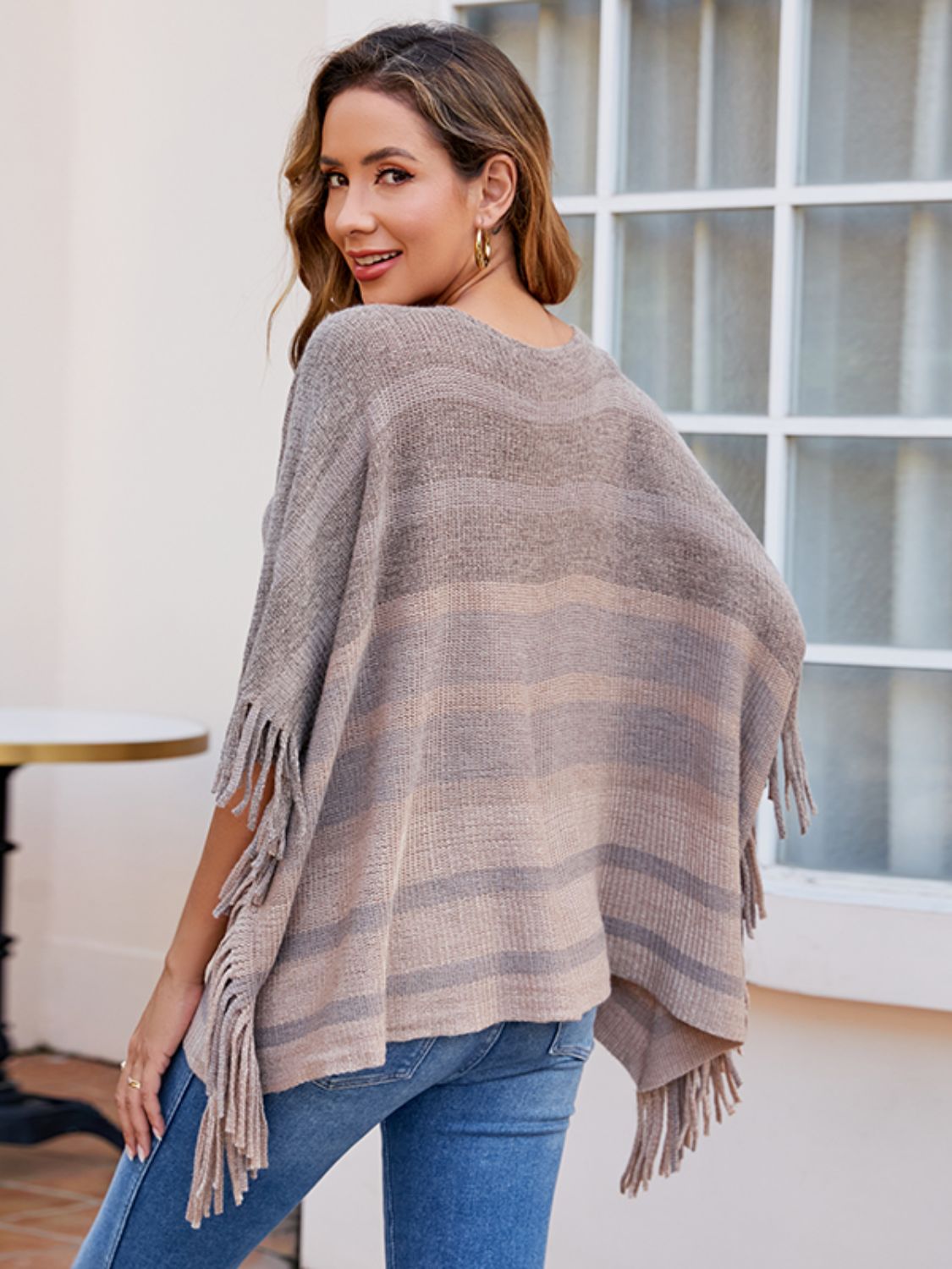 Striped Boat Neck Poncho with Fringes BLUE ZONE PLANET