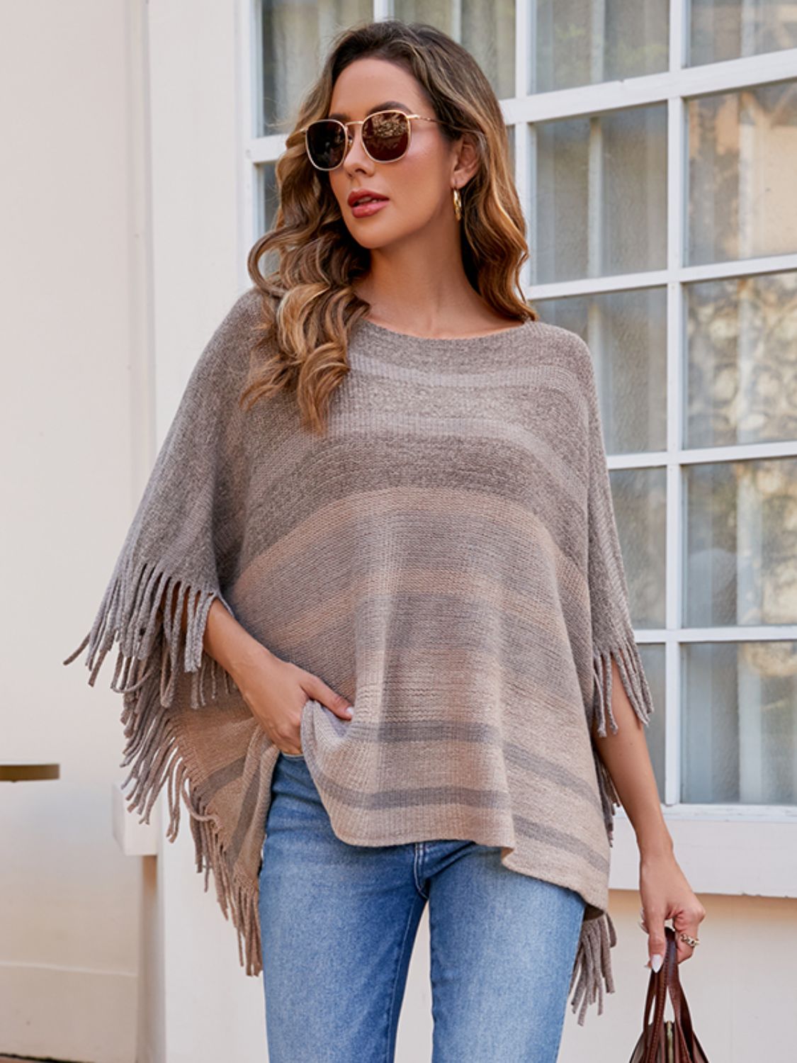 Striped Boat Neck Poncho with Fringes BLUE ZONE PLANET