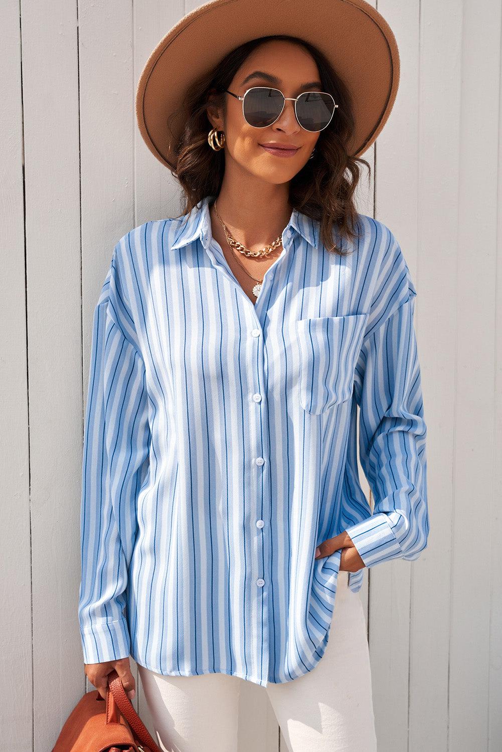 Striped Button-Up Dropped Shoulder Shirt BLUE ZONE PLANET