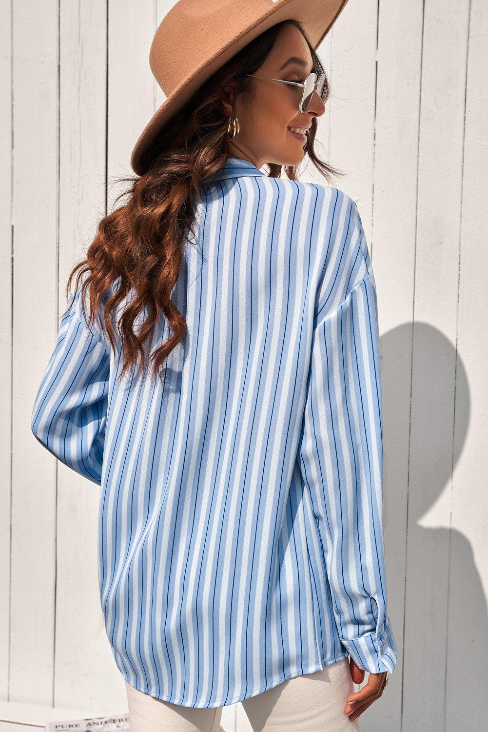 Striped Button-Up Dropped Shoulder Shirt BLUE ZONE PLANET