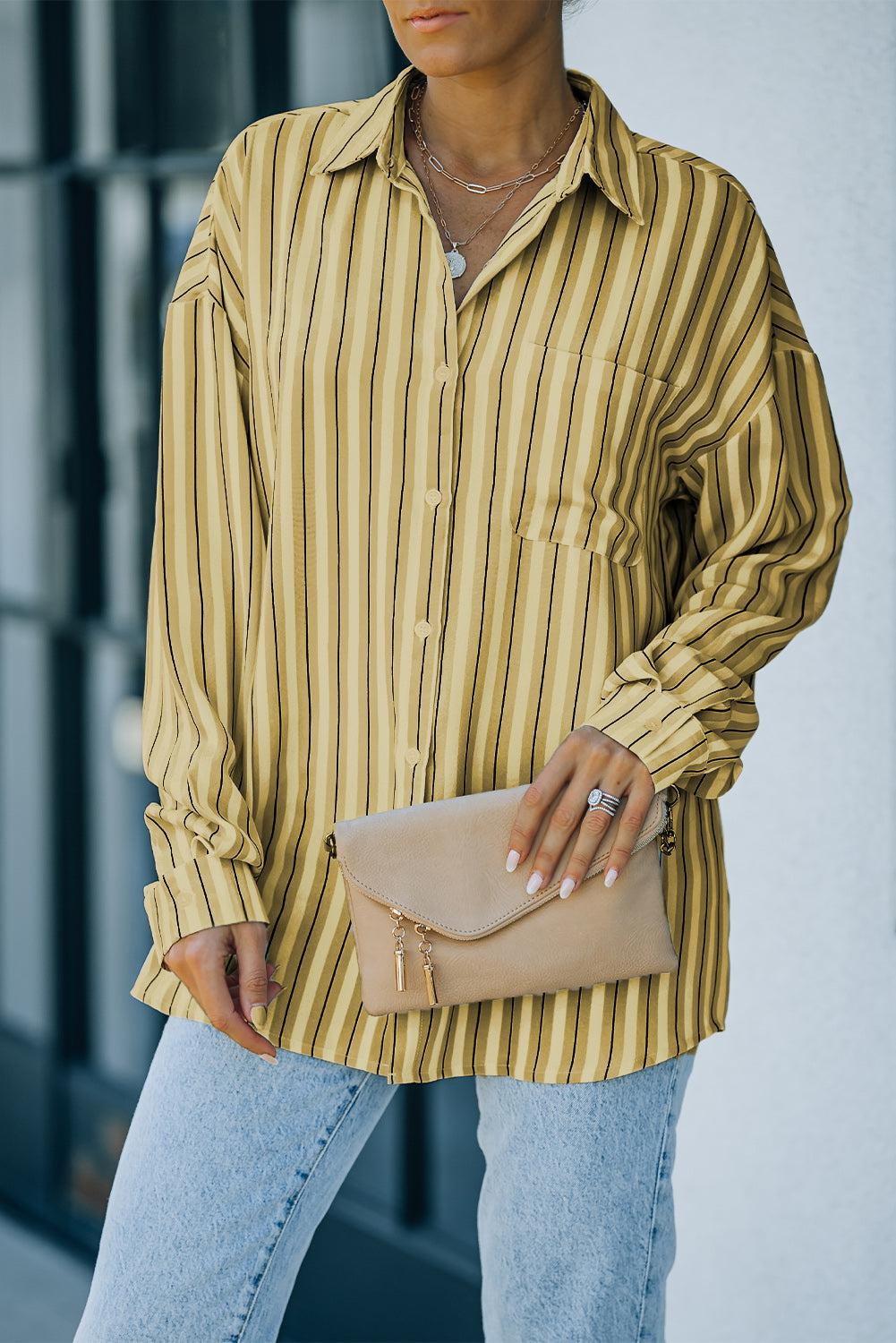 Striped Button-Up Dropped Shoulder Shirt BLUE ZONE PLANET