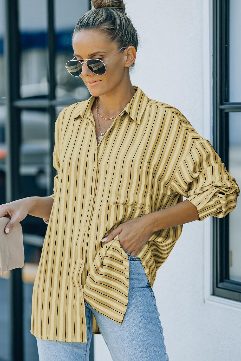 Striped Button-Up Dropped Shoulder Shirt BLUE ZONE PLANET