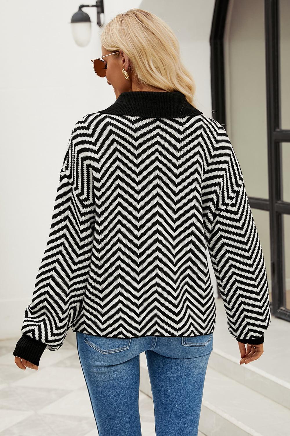 Striped Collared Neck Buttoned Pullover Sweater BLUE ZONE PLANET