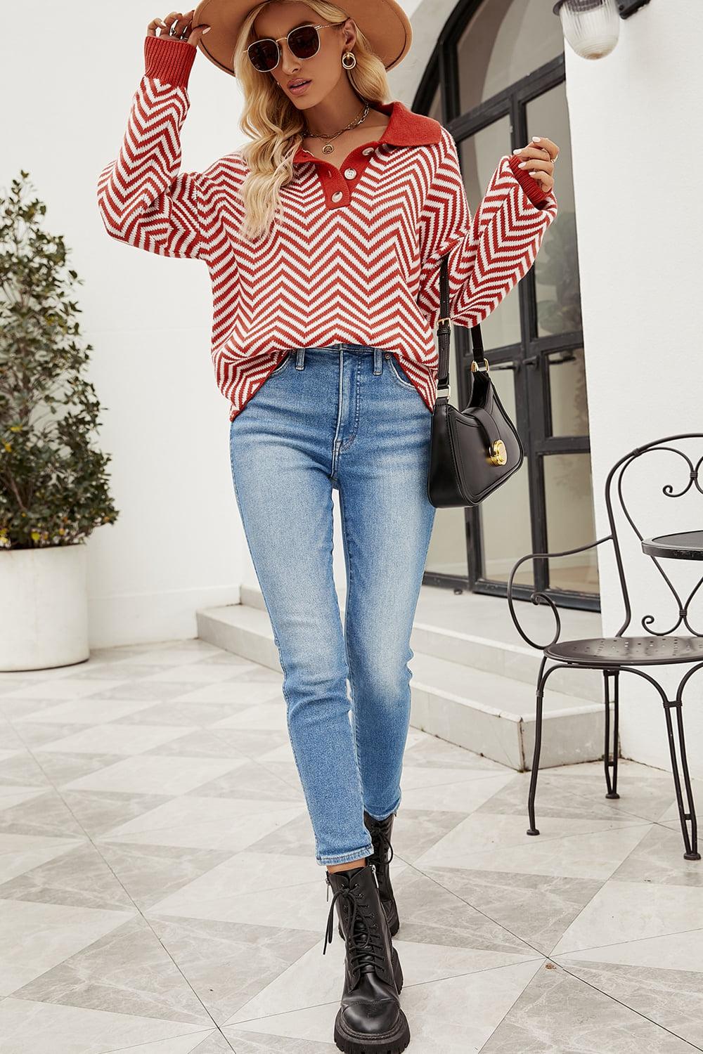 Striped Collared Neck Buttoned Pullover Sweater BLUE ZONE PLANET