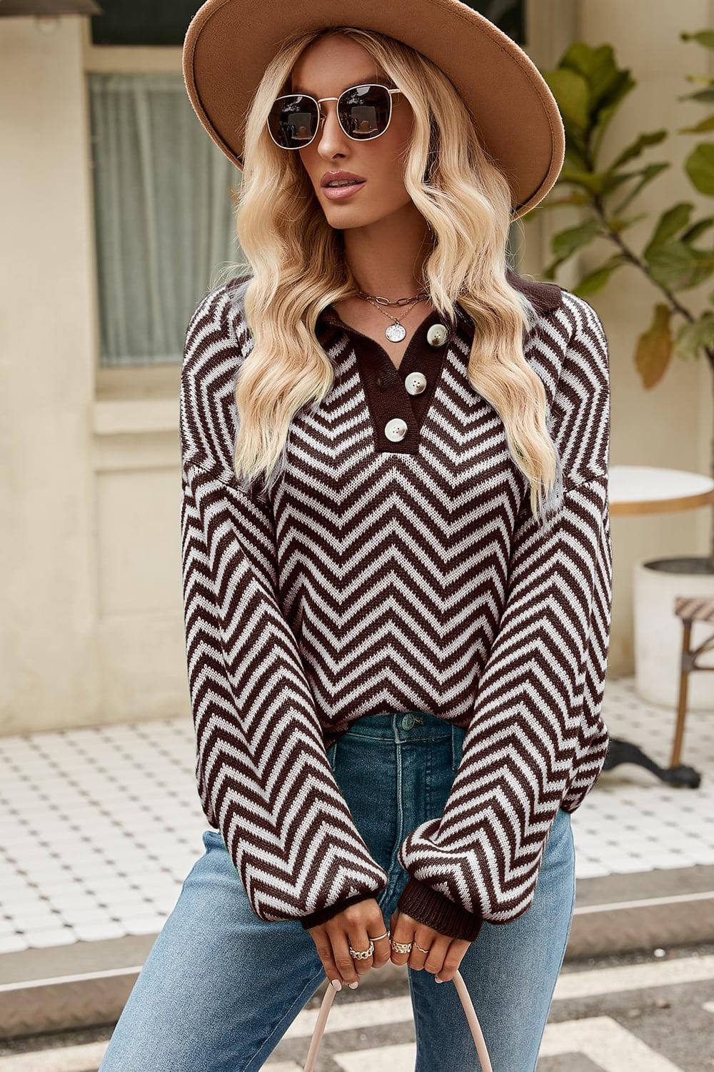 Striped Collared Neck Buttoned Pullover Sweater BLUE ZONE PLANET