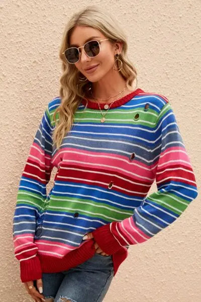 Striped Distressed Cutout Round Neck Sweater BLUE ZONE PLANET