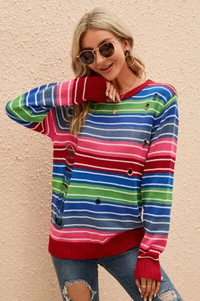 Striped Distressed Cutout Round Neck Sweater BLUE ZONE PLANET