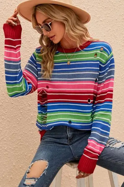 Striped Distressed Cutout Round Neck Sweater BLUE ZONE PLANET