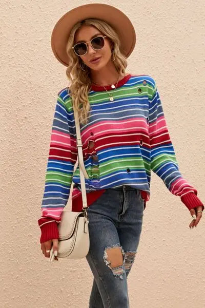 Striped Distressed Cutout Round Neck Sweater BLUE ZONE PLANET