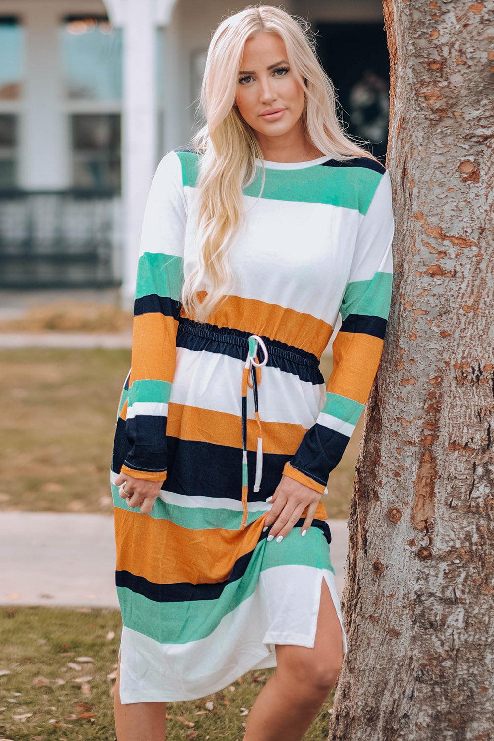 Striped Drawstring Waist Side Slit Midi Dress BLUE ZONE PLANET