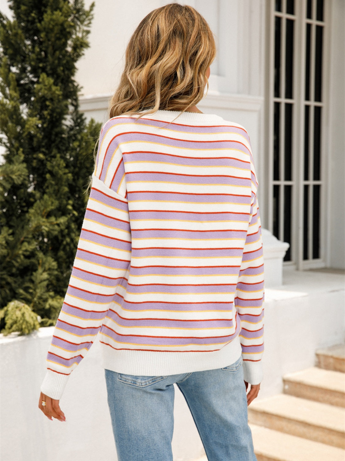 Striped Drop Shoulder Knit Top BLUE ZONE PLANET