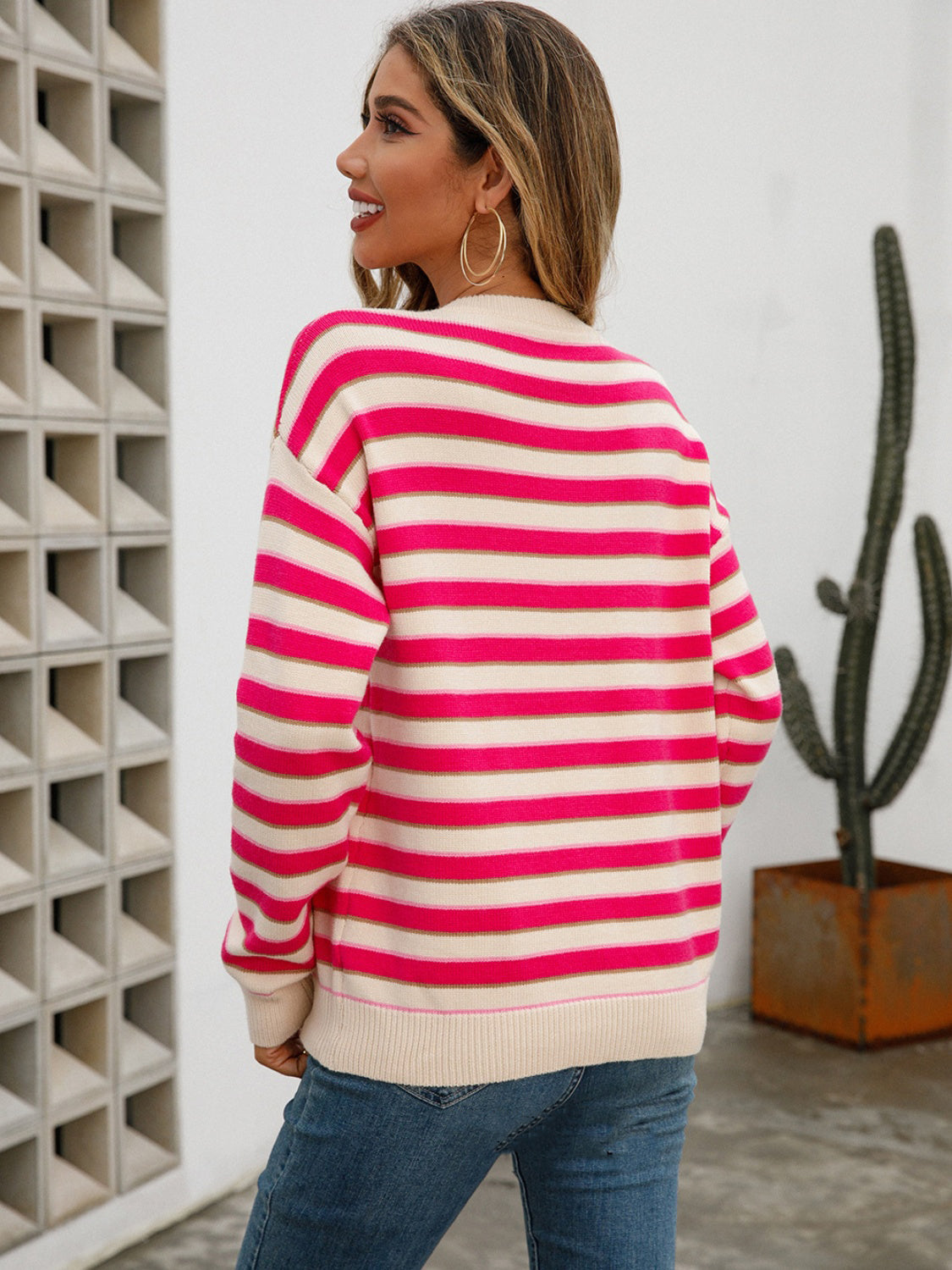 Striped Drop Shoulder Knit Top BLUE ZONE PLANET