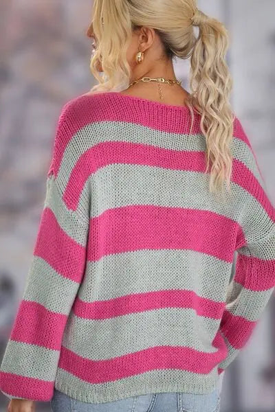 Striped Dropped Shoulder Long Sleeve Sweater BLUE ZONE PLANET