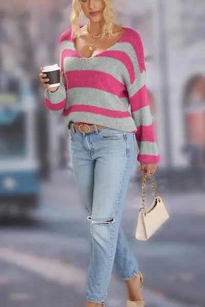 Striped Dropped Shoulder Long Sleeve Sweater BLUE ZONE PLANET