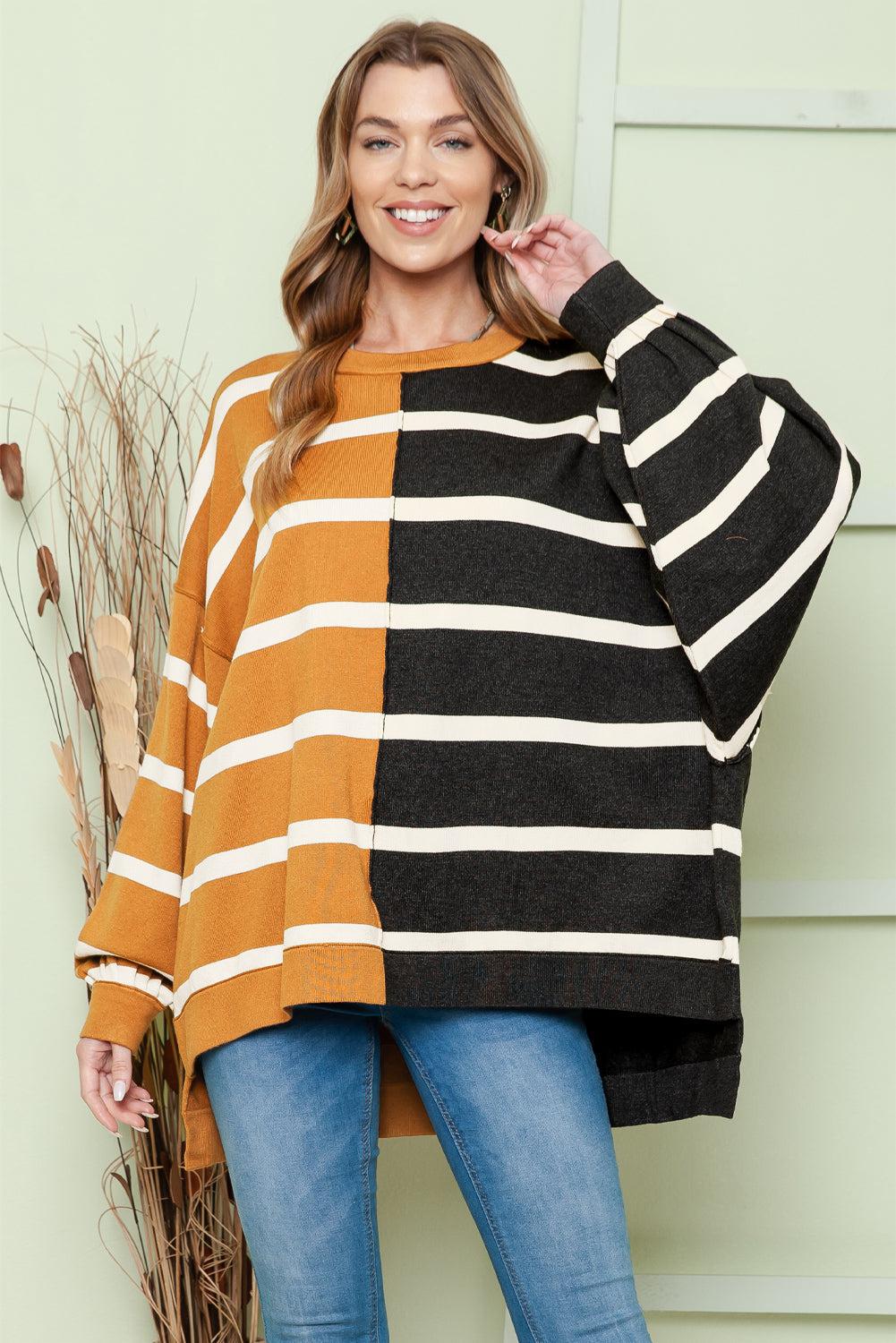 Striped Dropped Shoulder Round Neck Blouse BLUE ZONE PLANET