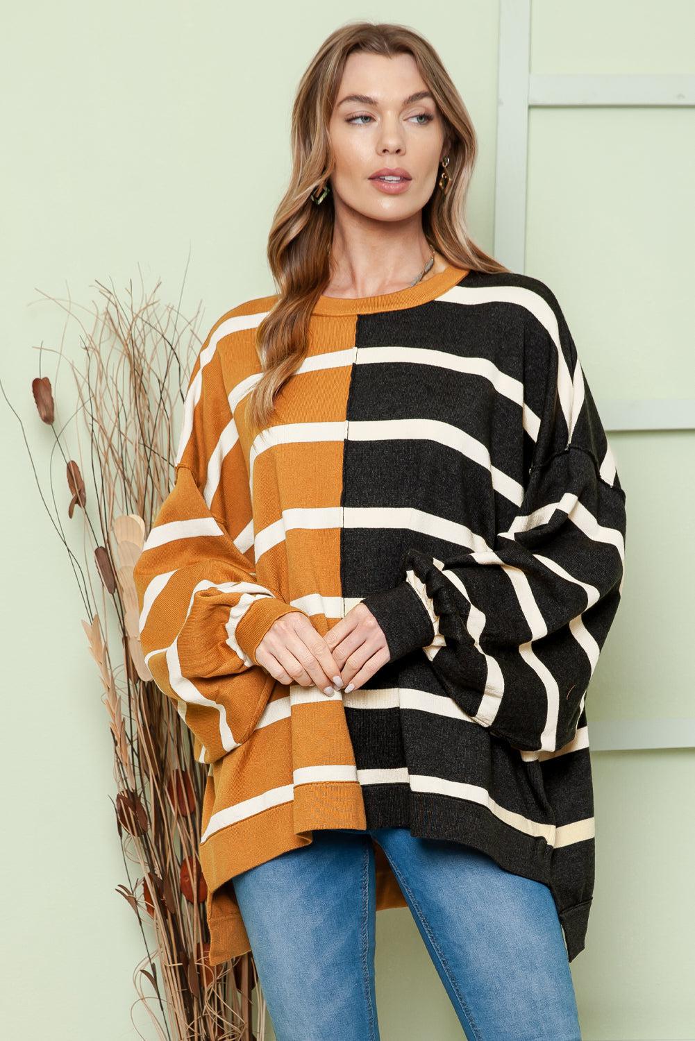 Striped Dropped Shoulder Round Neck Blouse BLUE ZONE PLANET