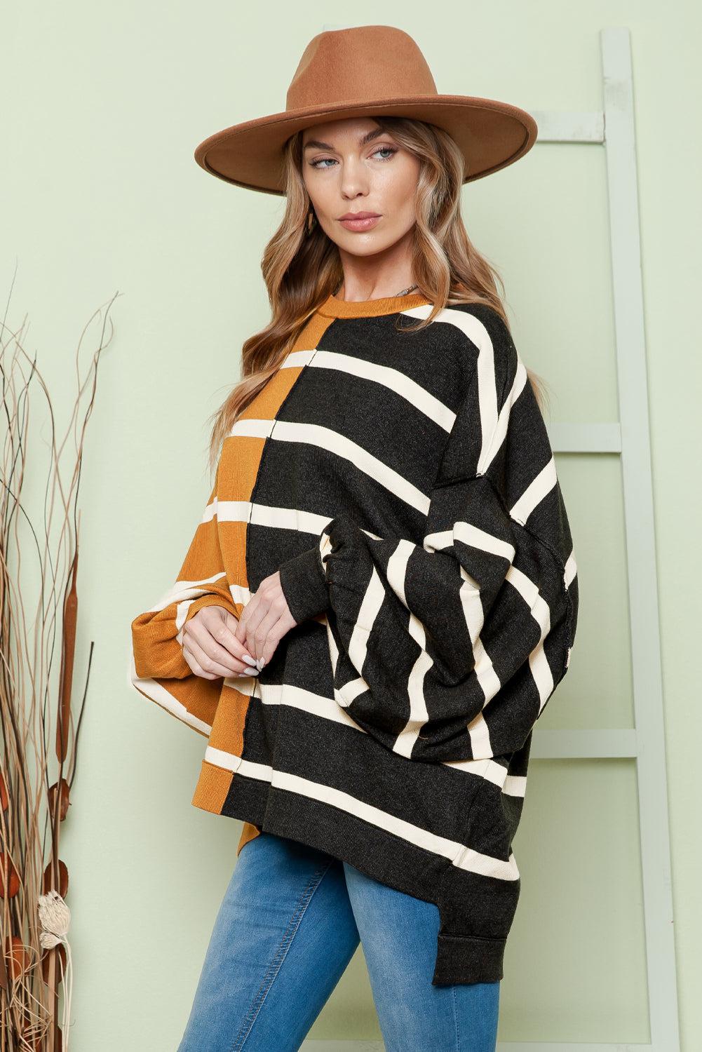 Striped Dropped Shoulder Round Neck Blouse BLUE ZONE PLANET