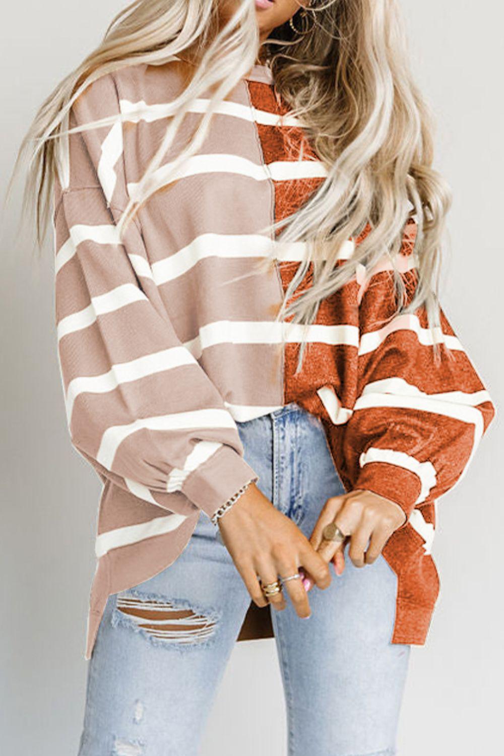 Striped Dropped Shoulder Round Neck Blouse BLUE ZONE PLANET