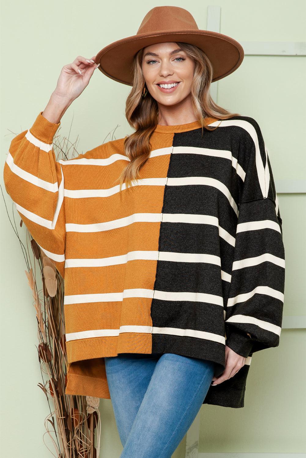 Striped Dropped Shoulder Round Neck Blouse BLUE ZONE PLANET