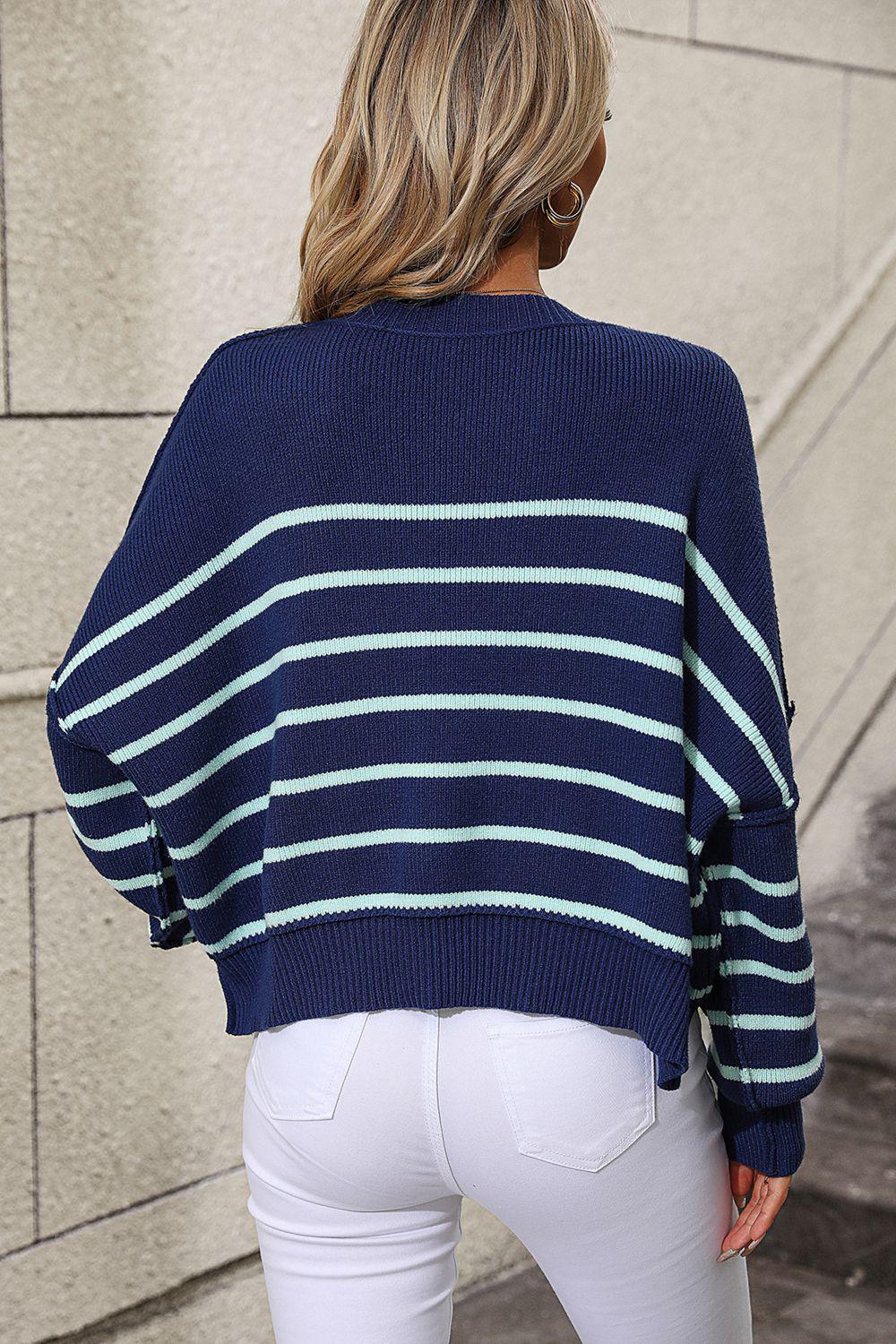 Striped Dropped Shoulder Round Neck Pullover Sweater BLUE ZONE PLANET