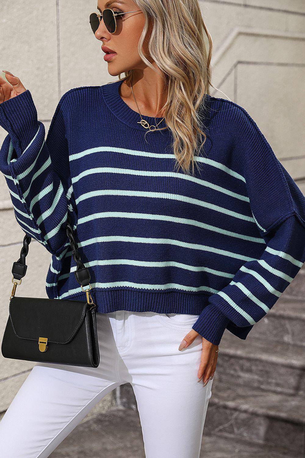 Striped Dropped Shoulder Round Neck Pullover Sweater BLUE ZONE PLANET