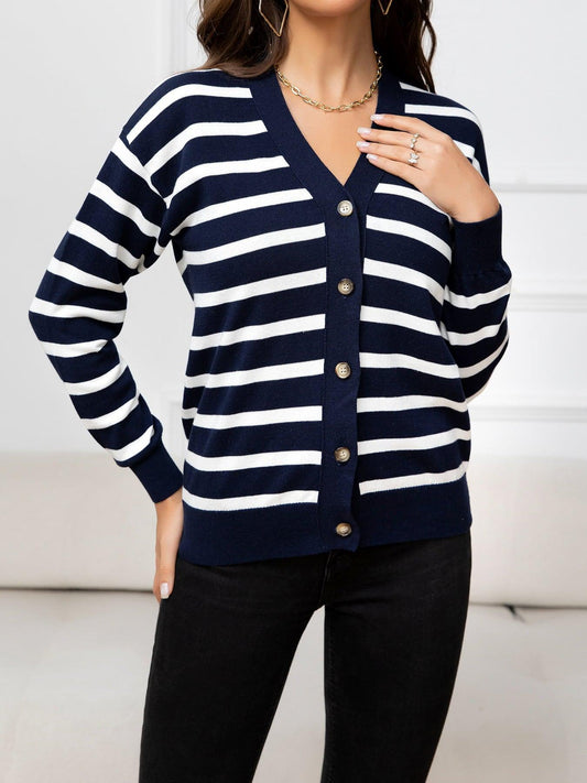 Striped Dropped Shoulder V-Neck Knit Top BLUE ZONE PLANET
