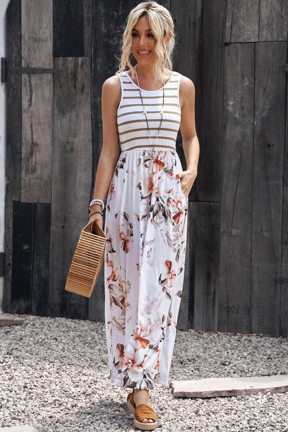 Striped Floral Round Neck Sleeveless Maxi Dress BLUE ZONE PLANET