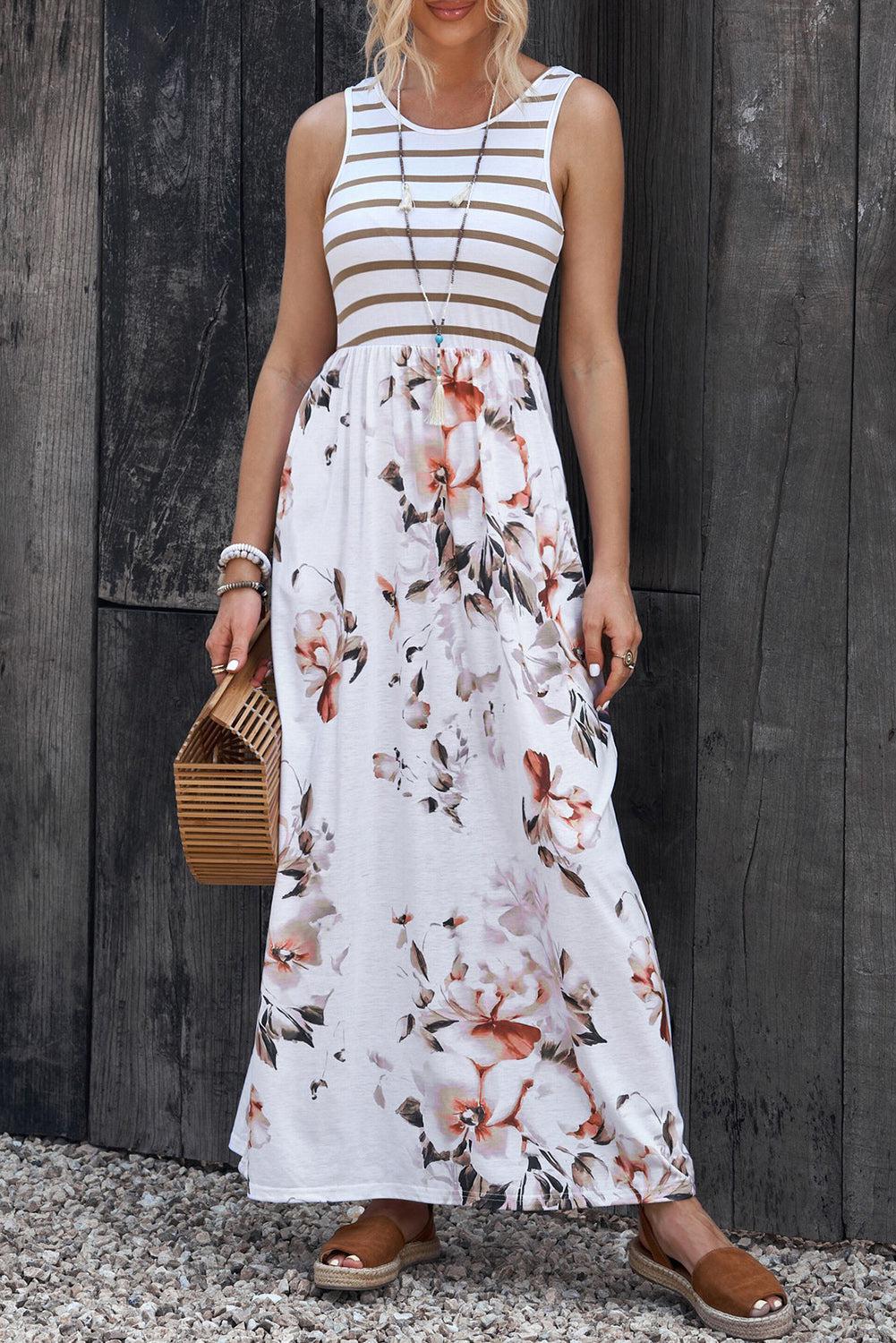 Striped Floral Round Neck Sleeveless Maxi Dress BLUE ZONE PLANET