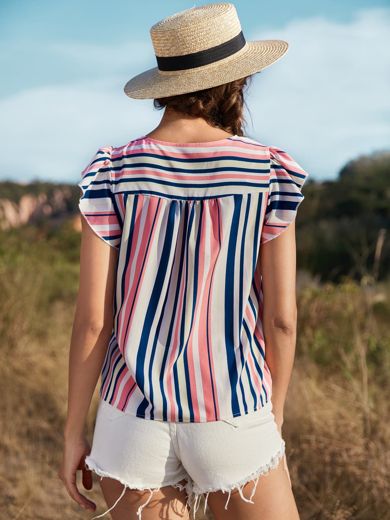 Striped Flutter Sleeve Tied Blouse BLUE ZONE PLANET