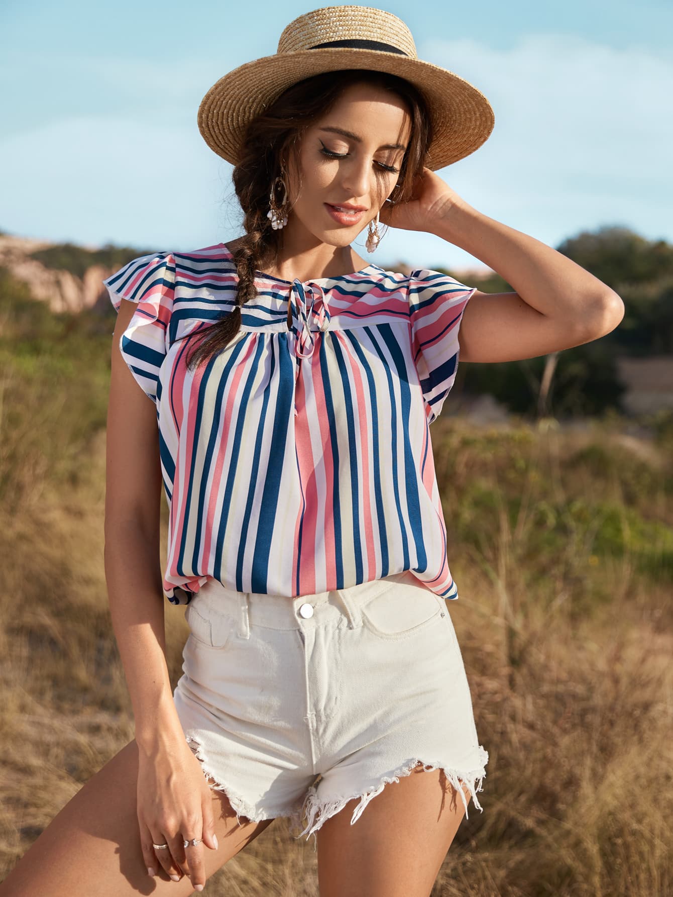 Striped Flutter Sleeve Tied Blouse BLUE ZONE PLANET