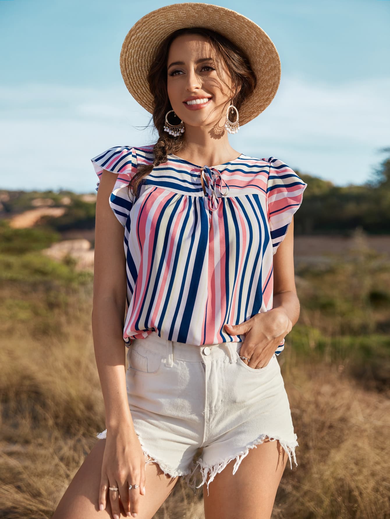 Striped Flutter Sleeve Tied Blouse BLUE ZONE PLANET