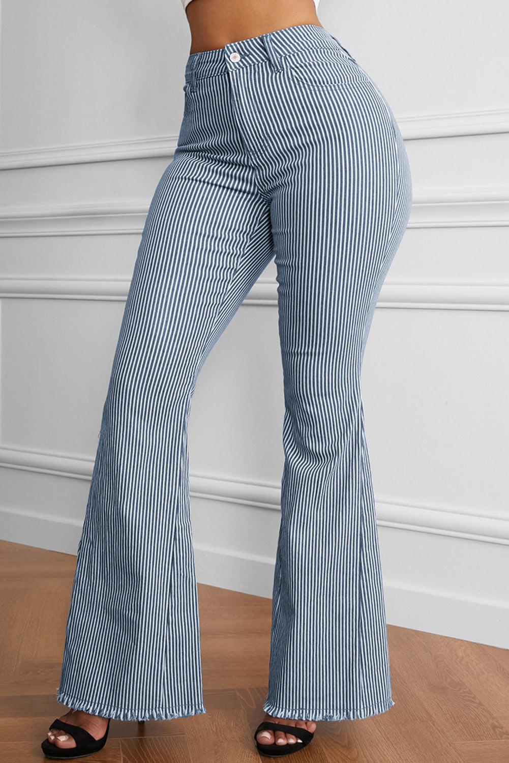 Striped Fringe Detail Flare Pants BLUE ZONE PLANET