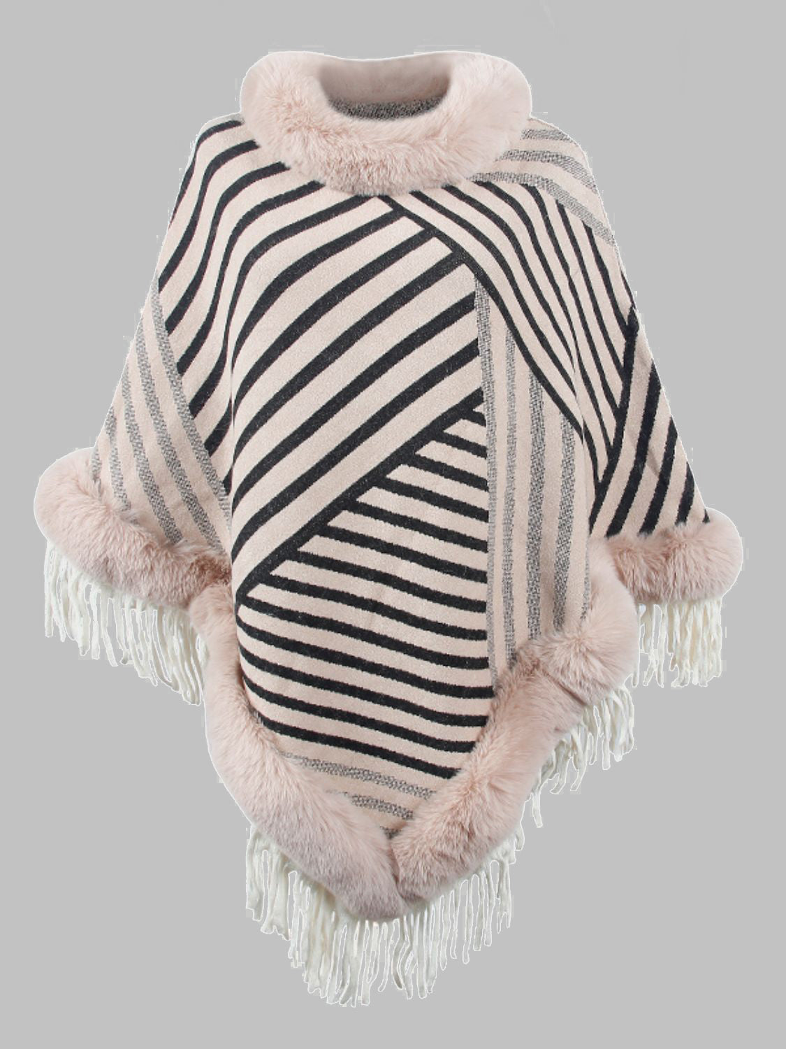 Striped Fringe Hem Poncho BLUE ZONE PLANET