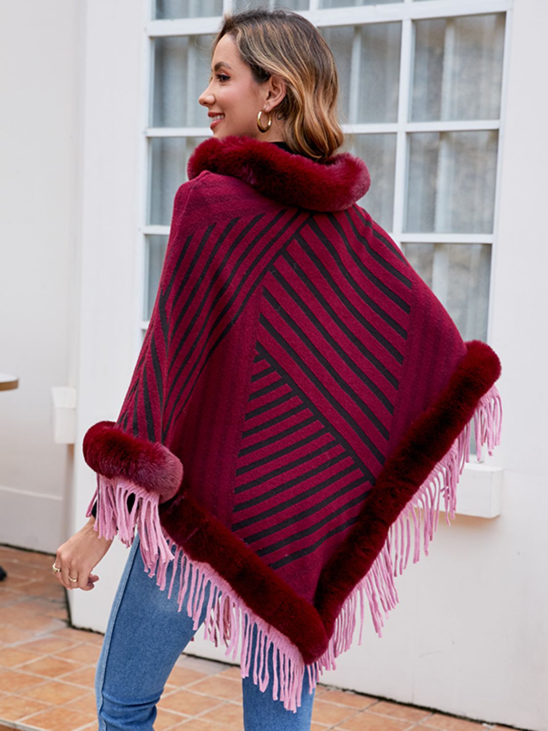 Striped Fringe Hem Poncho BLUE ZONE PLANET